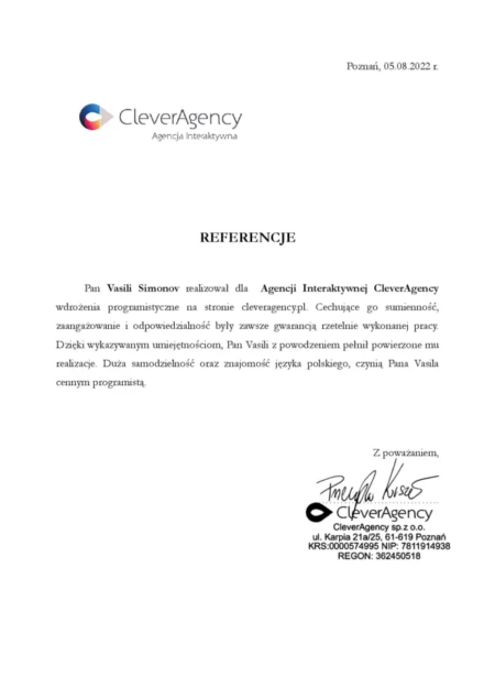 Reference for Web Developer Vasili from CleverAgency